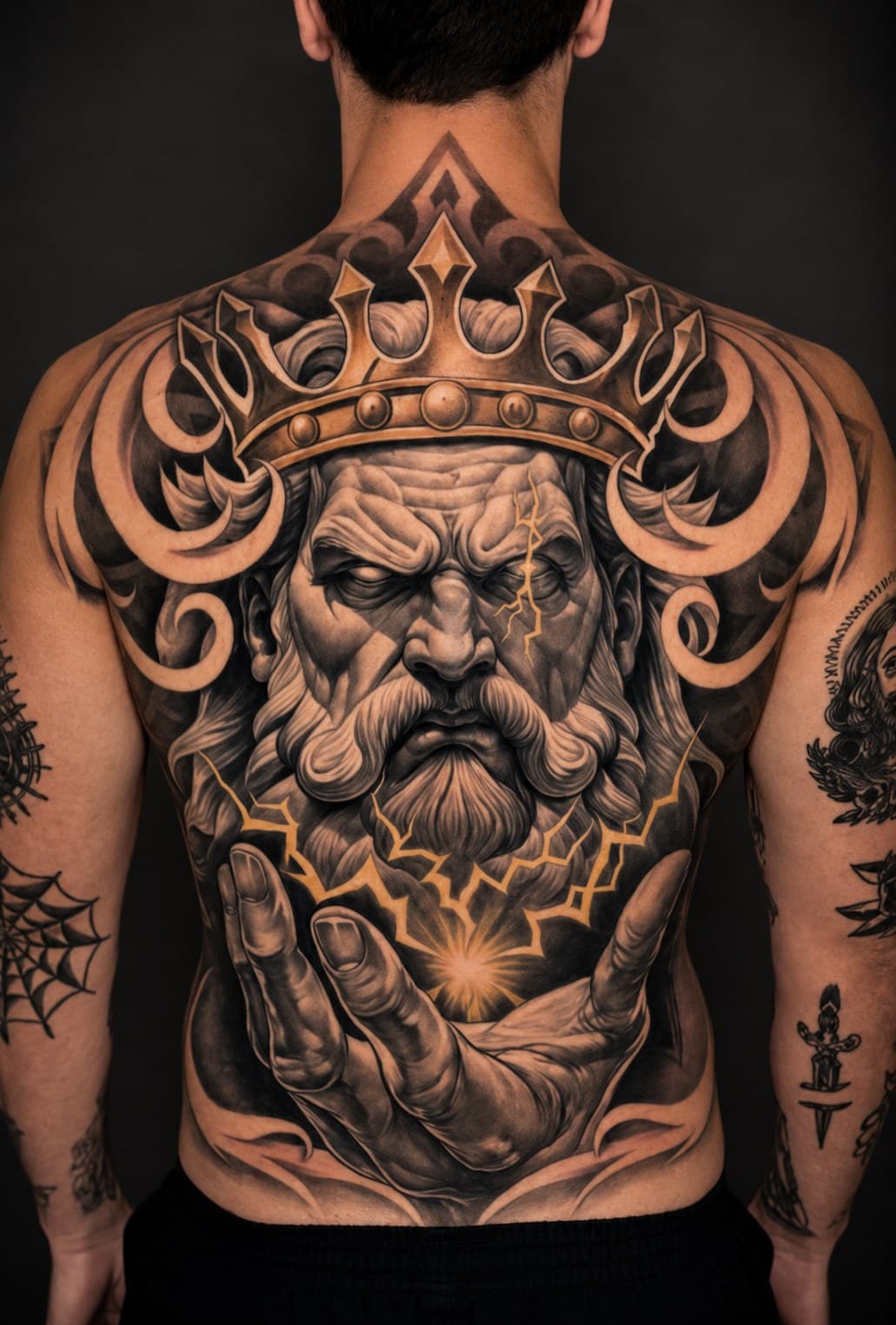 Zeus coroado segurando o raio, em preto e cinza, nas costas inteiras